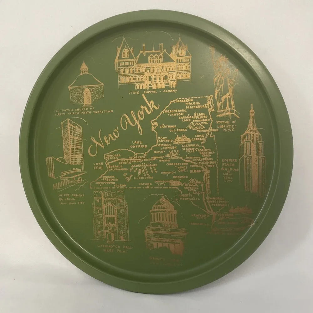 Vintage New York Metal Serving Tray Avocado Green & Gold Mid Century Modern 11